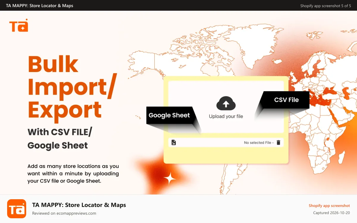 TA MAPPY: Store Locator & Maps Shopify app screenshot: Bulk import store locations with CSV file