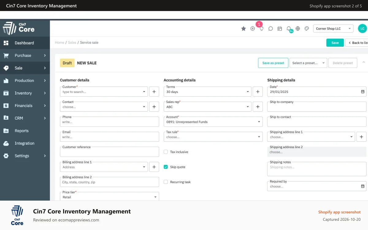 Cin7 Core Inventory Management Shopify app screenshot: Sales Order