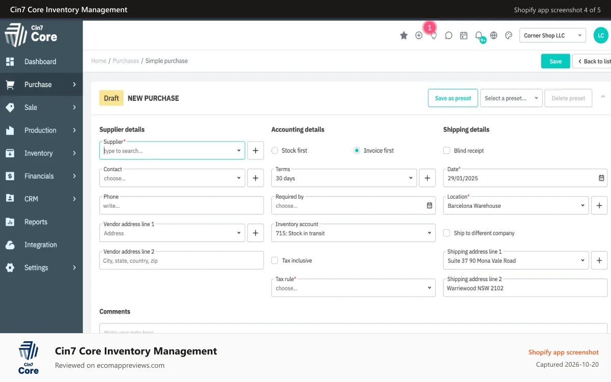 Cin7 Core Inventory Management Shopify app screenshot: Purchase Order