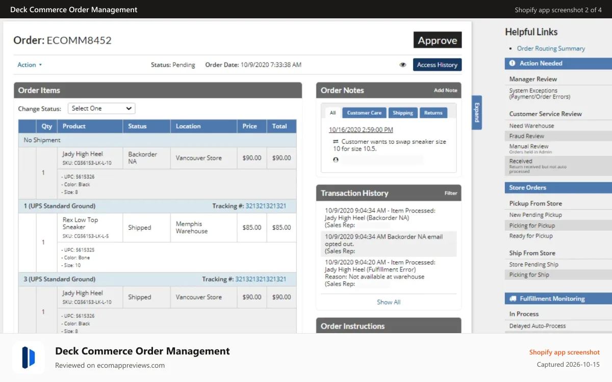 Deck Commerce Order Management Shopify app screenshot: Order & customer info can be updated on a single screen.