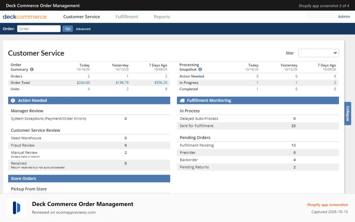 Deck Commerce Order Management Shopify app screenshot: Stay organized with an overview of orders from all channels.