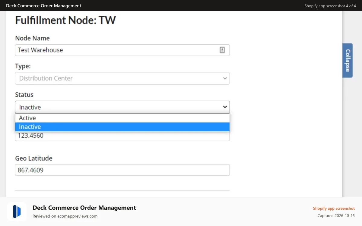 Deck Commerce Order Management Shopify app screenshot: Update fulfillment locations as they become active or inactive.