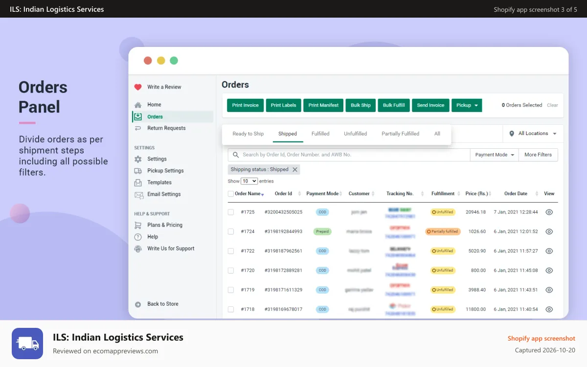 ILS: Indian Logistics Services Shopify app screenshot: list of orders with separate tabs and filters