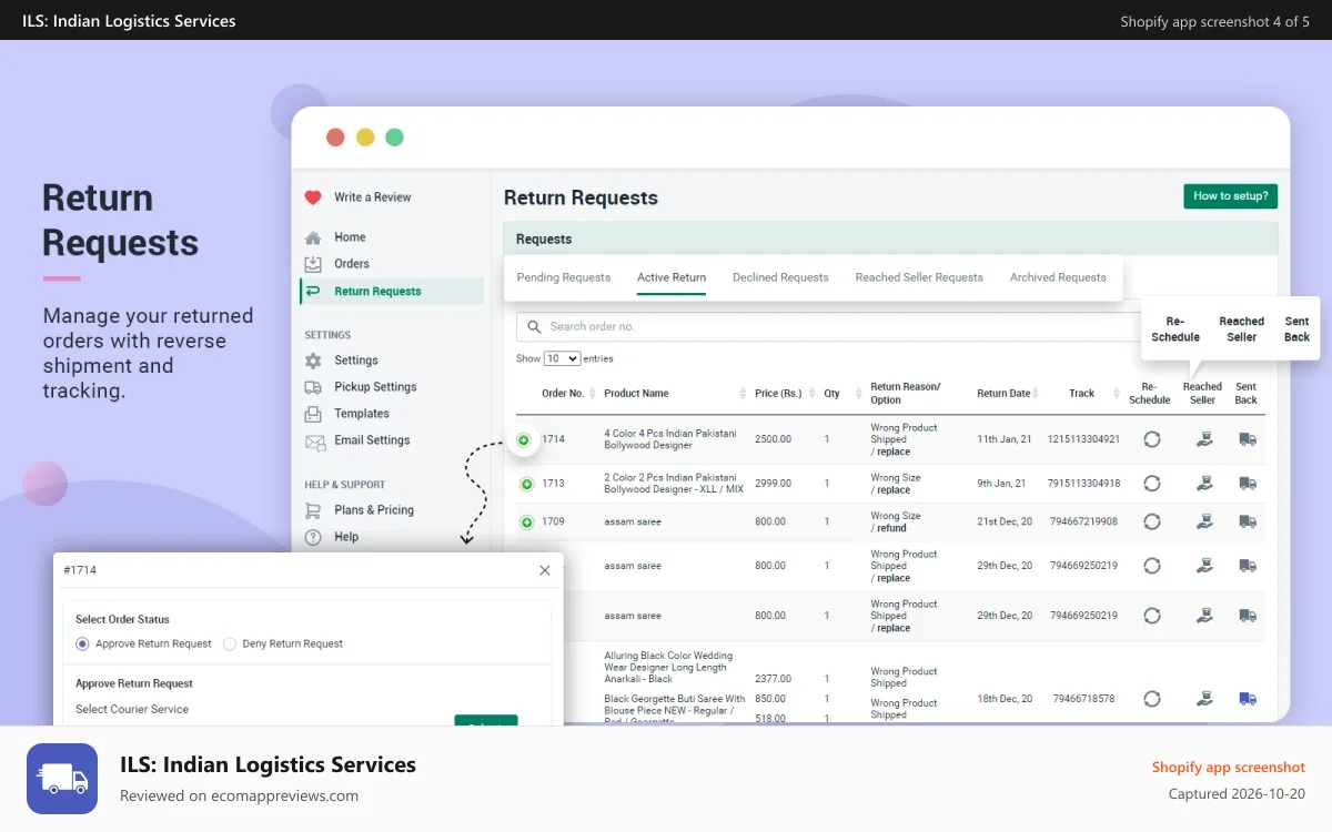 ILS: Indian Logistics Services Shopify app screenshot: return request module with all required features