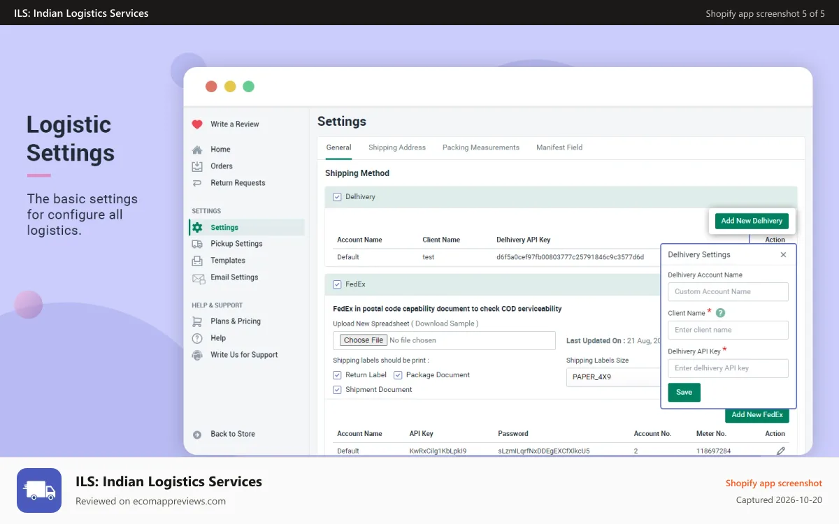 ILS: Indian Logistics Services Shopify app screenshot: multiple warehouse management with separate settings