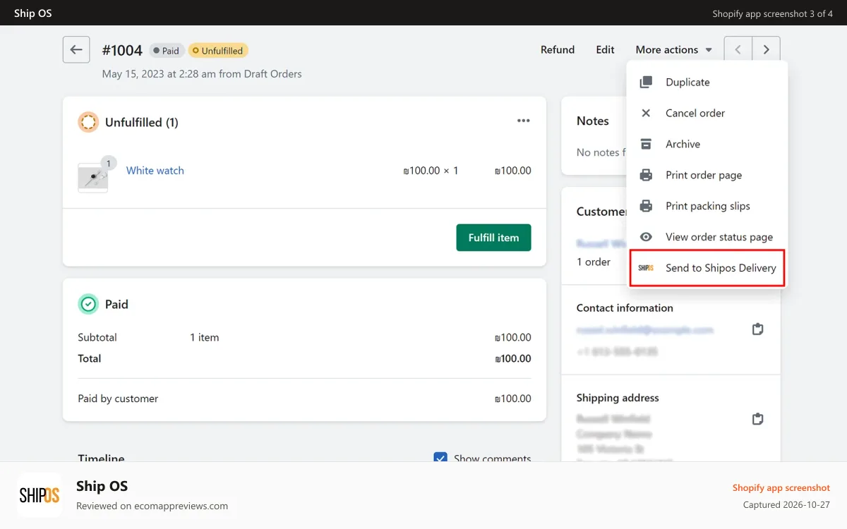 Ship OS Shopify app screenshot: Create shipping for single order