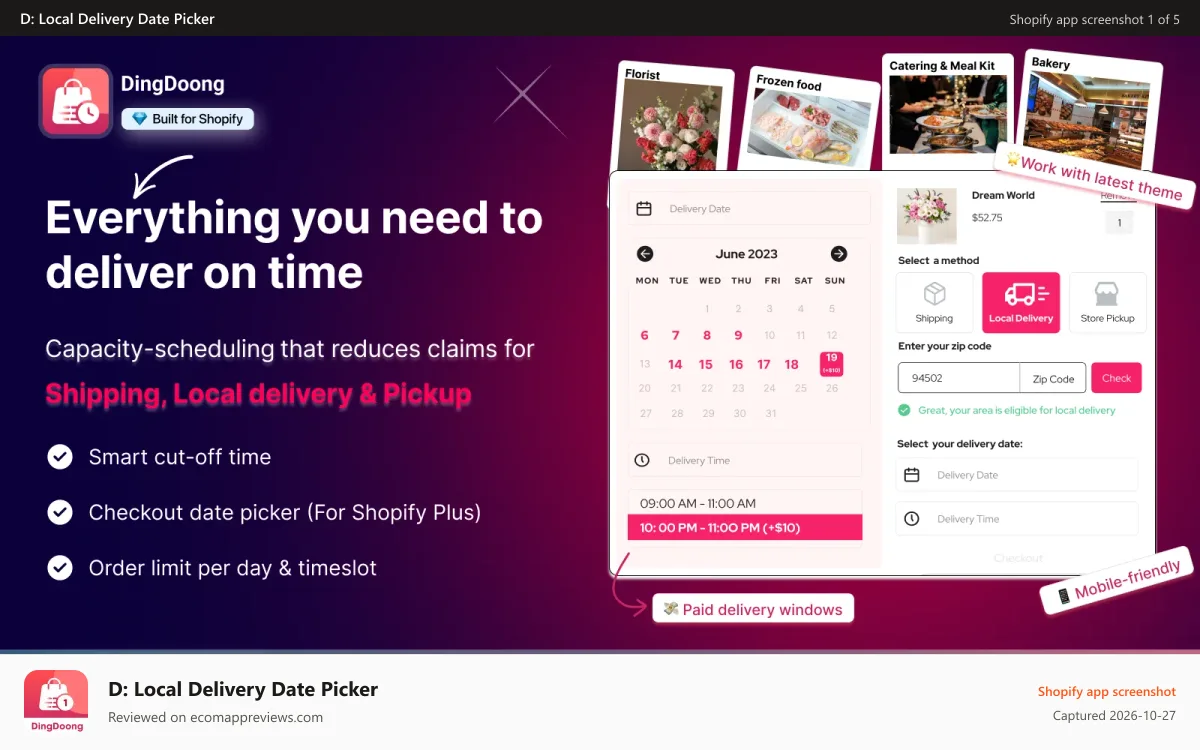 D: Local Delivery Date Picker Shopify app screenshot: Pre-order delivery with date picker for shipping, local delivery