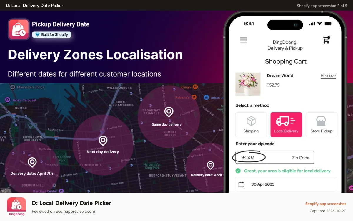 D: Local Delivery Date Picker Shopify app screenshot: Delivery Date Picker, Pickup with Flexible Options; Localisation