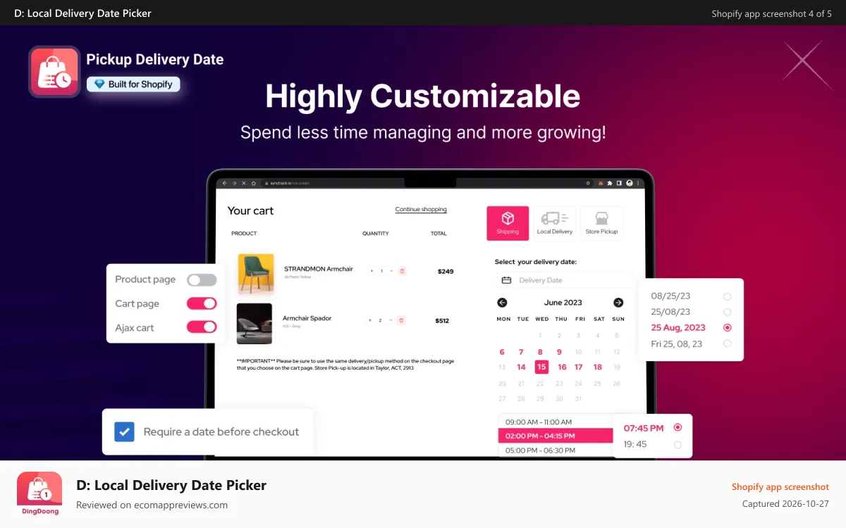D: Local Delivery Date Picker Shopify app screenshot: Local delivery date Pickup In Store customization and page ty