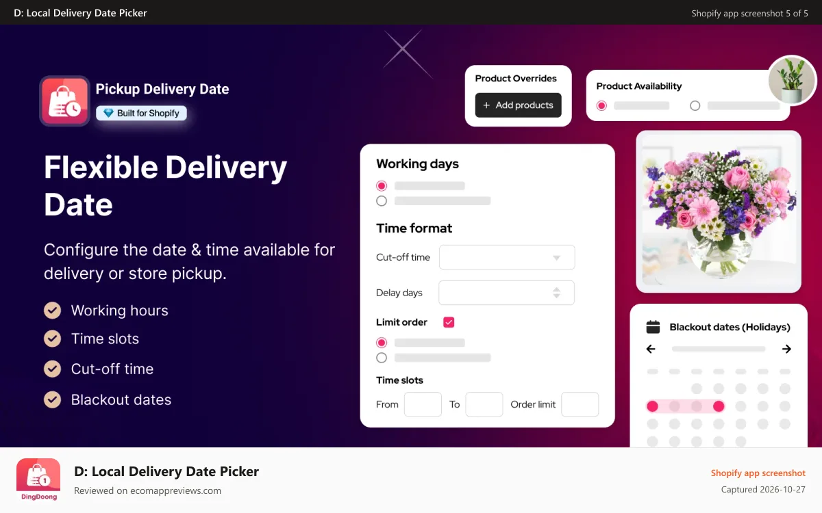 D: Local Delivery Date Picker Shopify app screenshot: Flexible delivery date, store pickup, time slots, blackout dates