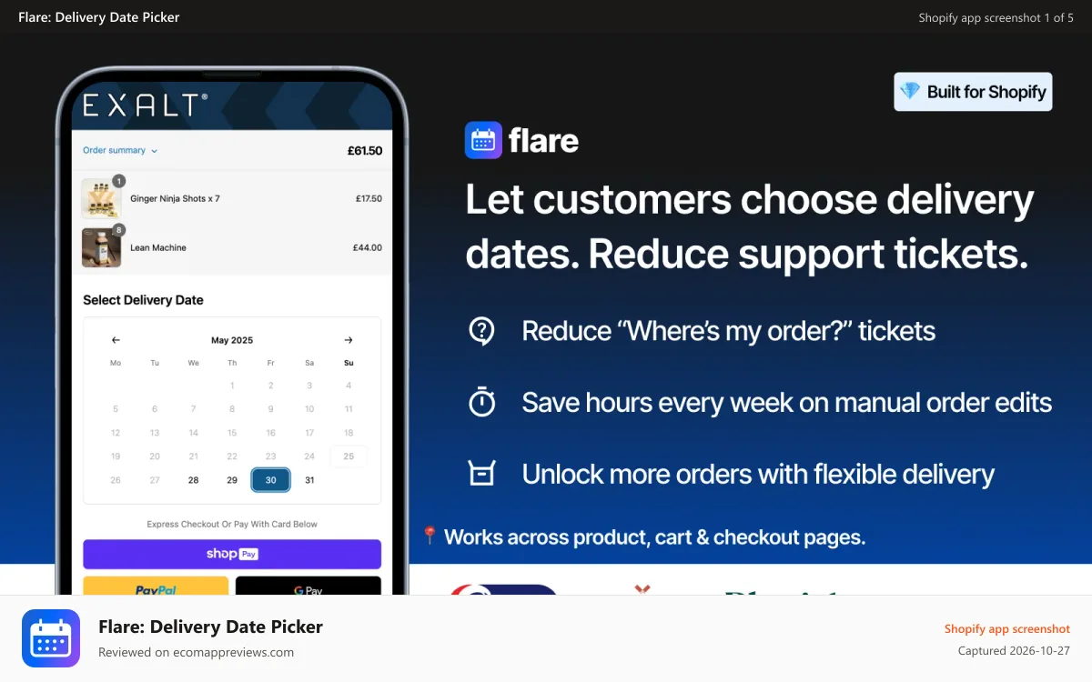 Flare: Delivery Date Picker Shopify app screenshot: Flare delivery date picker at Shopify Plus checkout — Shopify