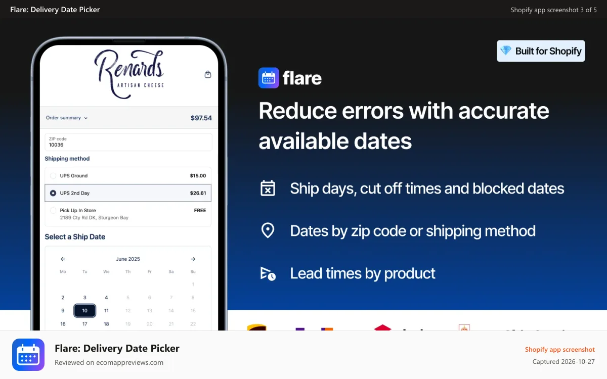 Flare: Delivery Date Picker Shopify app screenshot: Set delivery dates by ZIP code, lead time and cutoff in Shopify
