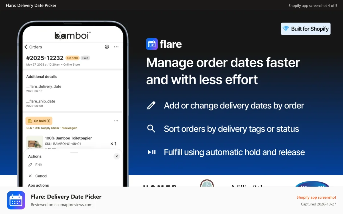 Flare: Delivery Date Picker Shopify app screenshot: Manage Shopify delivery dates with order tags and auto hold