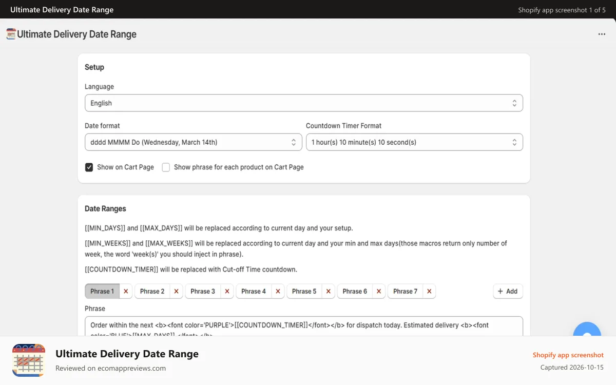 Ultimate Delivery Date Range Shopify app screenshot: setup