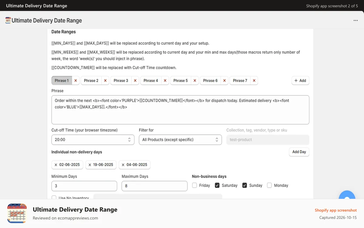 Ultimate Delivery Date Range Shopify app screenshot: more setup options
