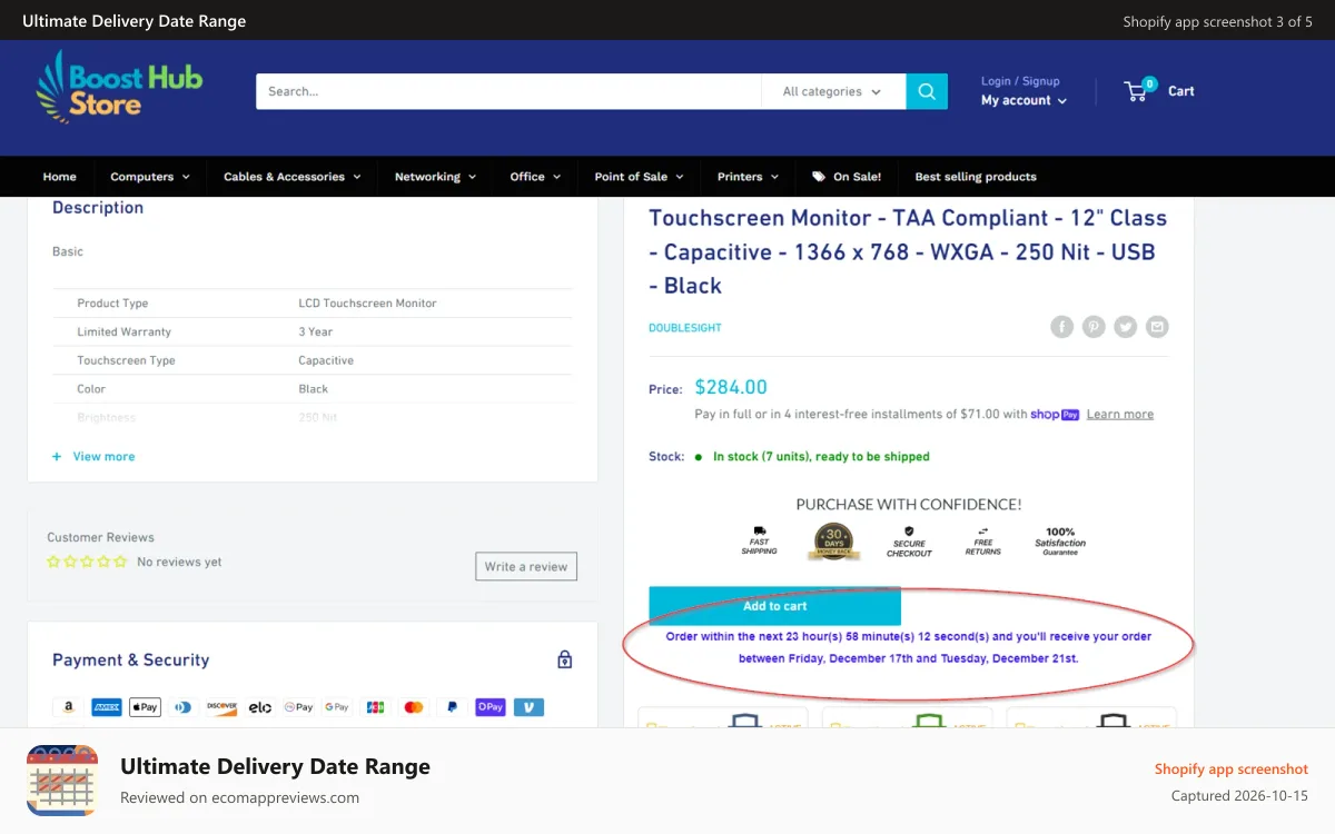 Ultimate Delivery Date Range Shopify app screenshot: product page