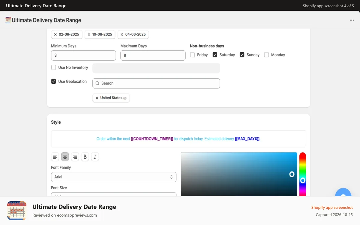 Ultimate Delivery Date Range Shopify app screenshot: custom options