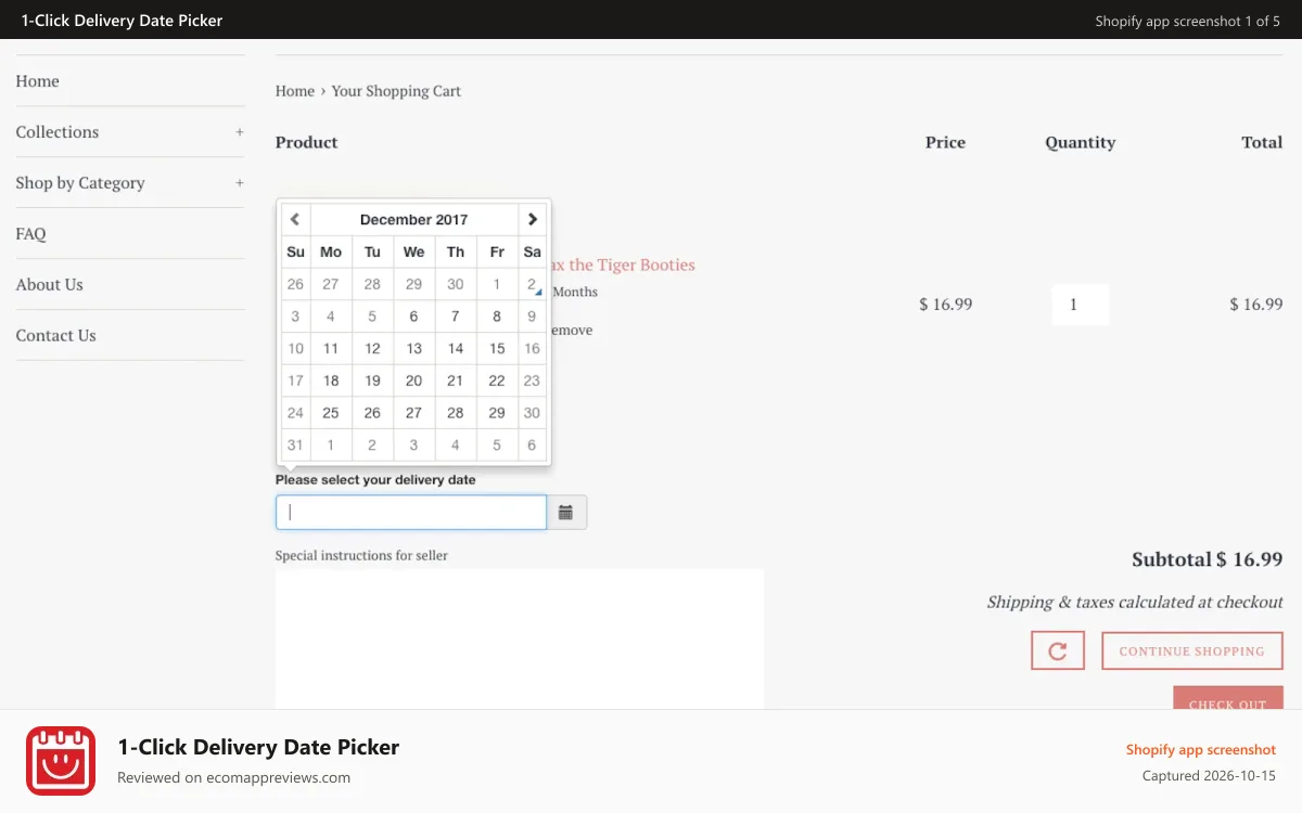 1‑Click Delivery Date Picker Shopify app screenshot: Delivery date picker
