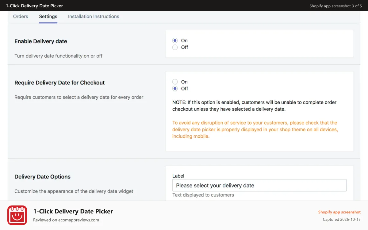 1‑Click Delivery Date Picker Shopify app screenshot: settings page snippet