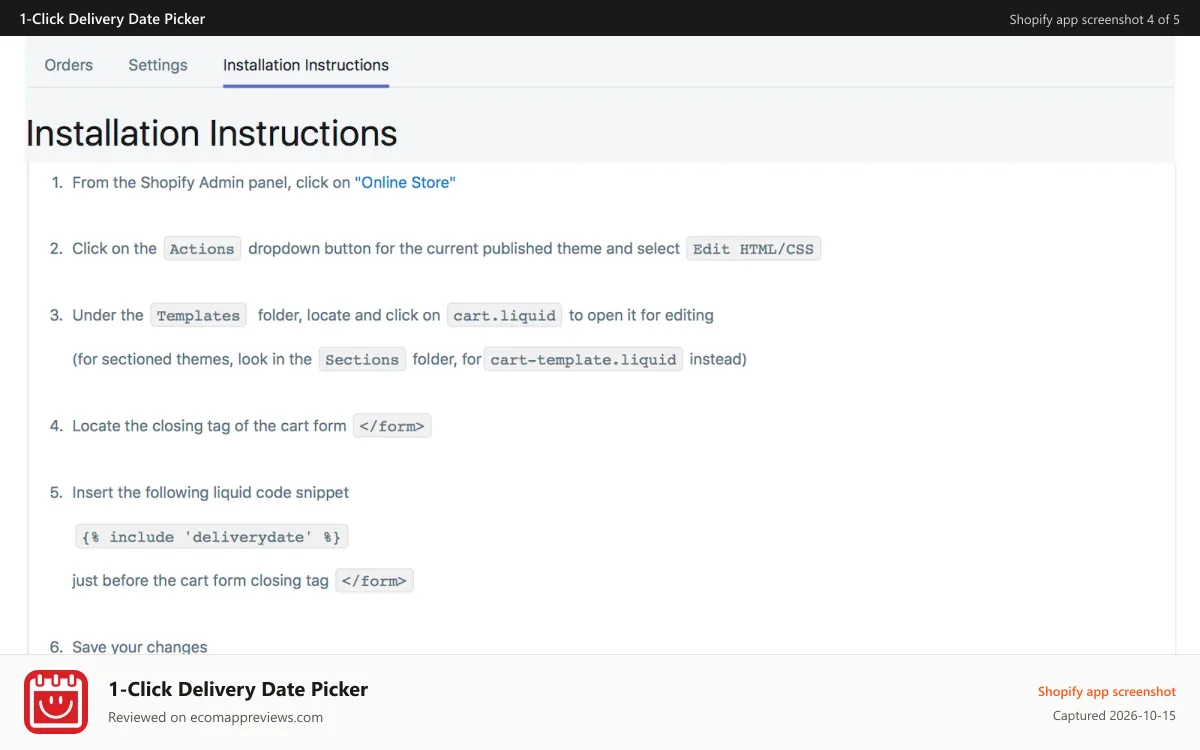 1‑Click Delivery Date Picker Shopify app screenshot: installation instructions
