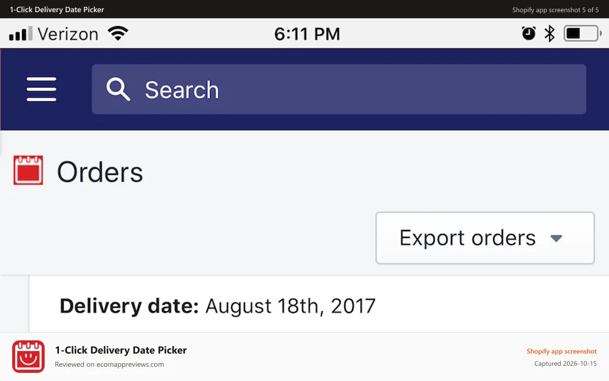 1‑Click Delivery Date Picker Shopify app screenshot: Admin view on mobile device