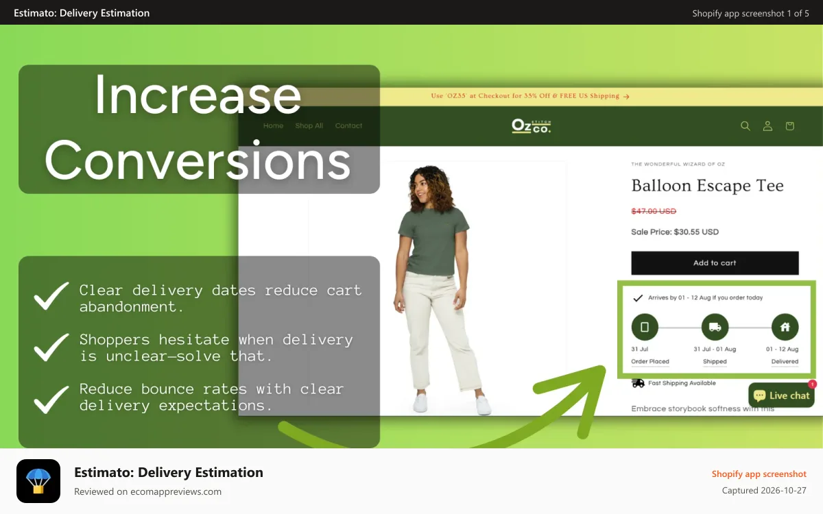 Estimato: Delivery Estimation Shopify app screenshot: Shipping Times & Delivery Estimation on Desktop