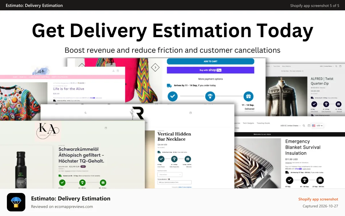 Estimato: Delivery Estimation Shopify app screenshot: Shipping Times & Delivery Estimation on Mobile