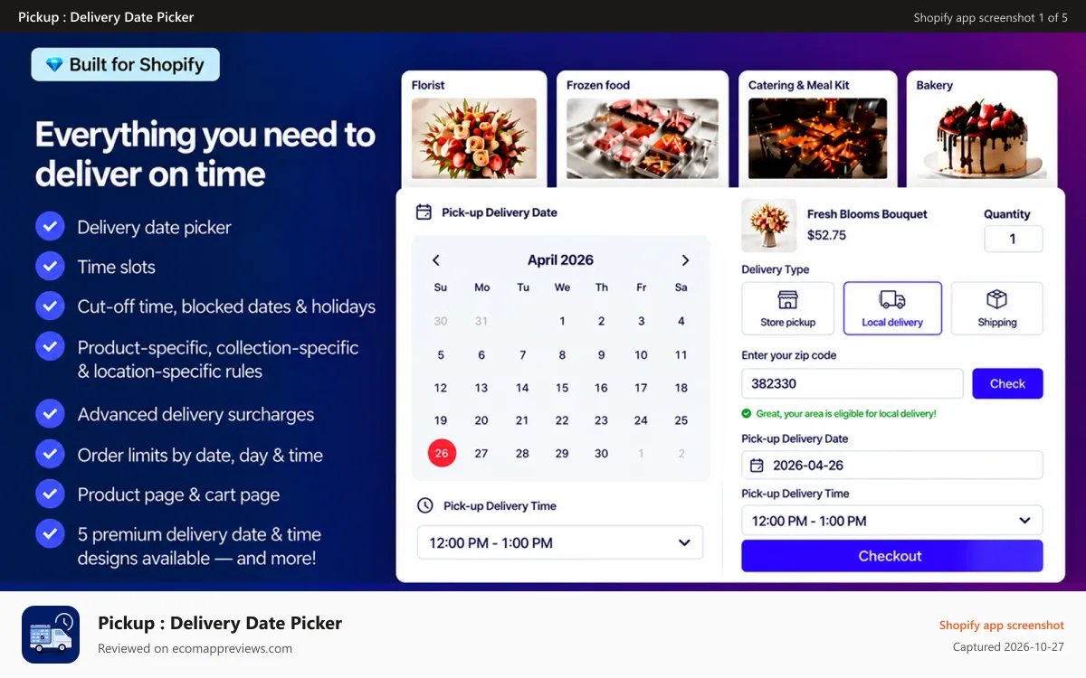 Pickup : Delivery Date Picker Shopify app screenshot: Delivery date time slot pickup and delivery date picker