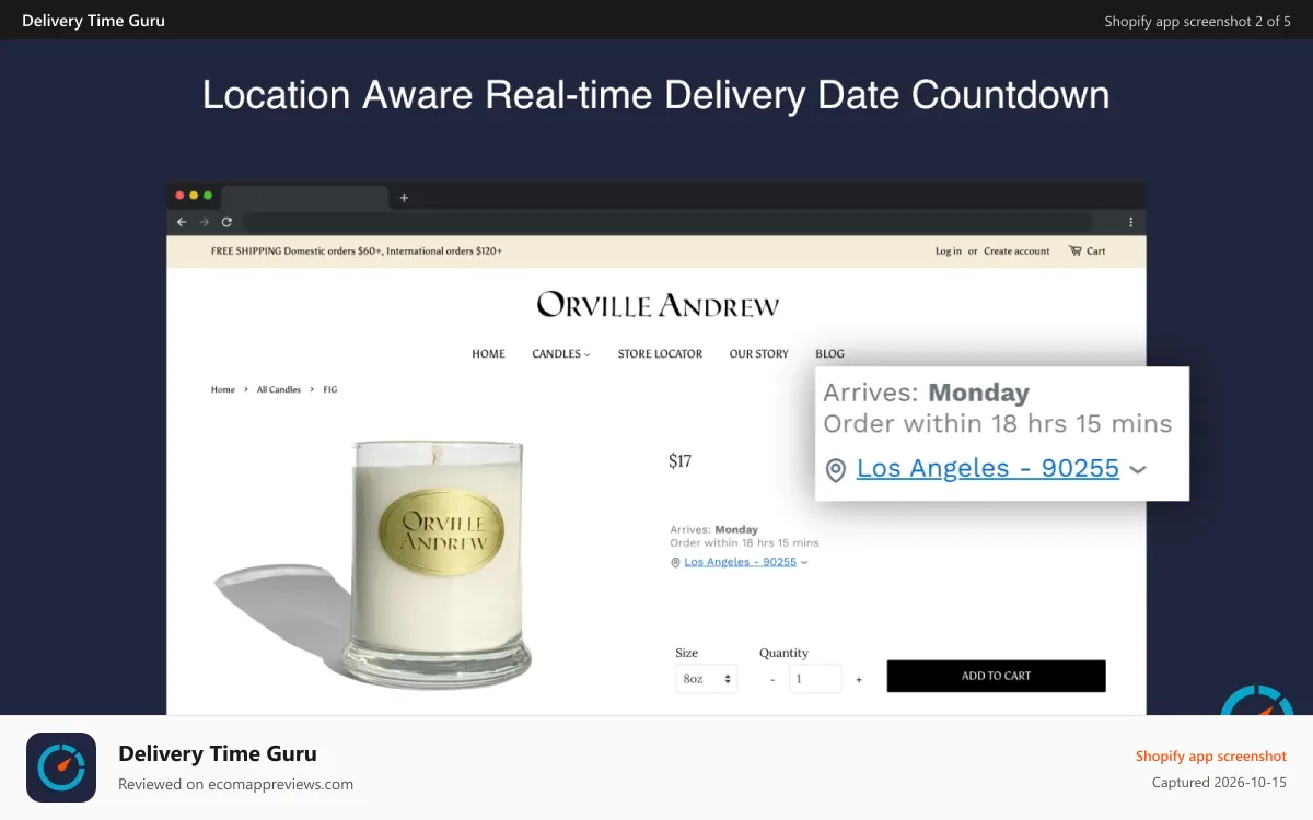 Delivery Time Guru Shopify app screenshot: lLocation Aware Real-time Delivery Date Countdown