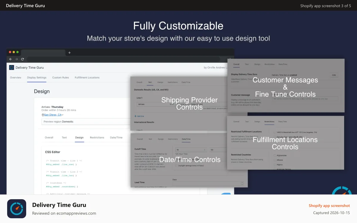 Delivery Time Guru Shopify app screenshot: Fully Customizable