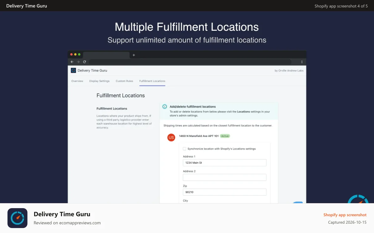 Delivery Time Guru Shopify app screenshot: Multiple Fulfillment Locations