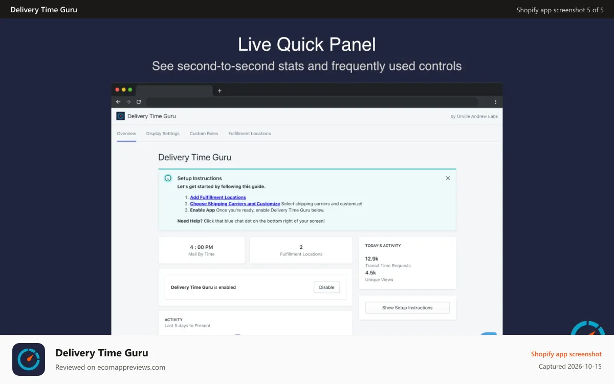 Delivery Time Guru Shopify app screenshot: Live Quick Panel