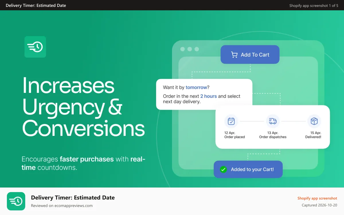 Delivery Timer: Estimated Date Shopify app screenshot: Increase conversions
