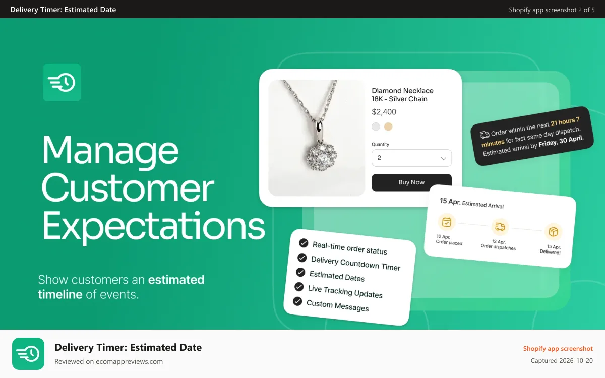 Delivery Timer: Estimated Date Shopify app screenshot: Set customer expectations