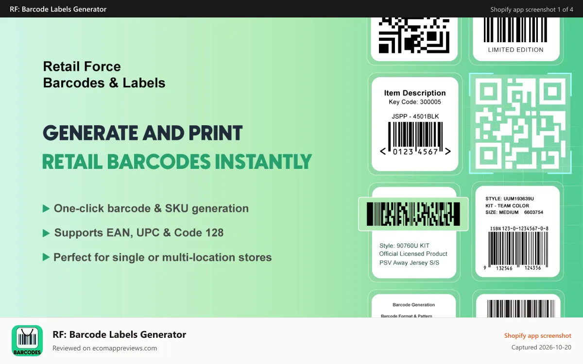 RF: Barcode Labels Generator Shopify app screenshot: Retail Force | Retail Barcode Labels, Custom Barcodes & Label