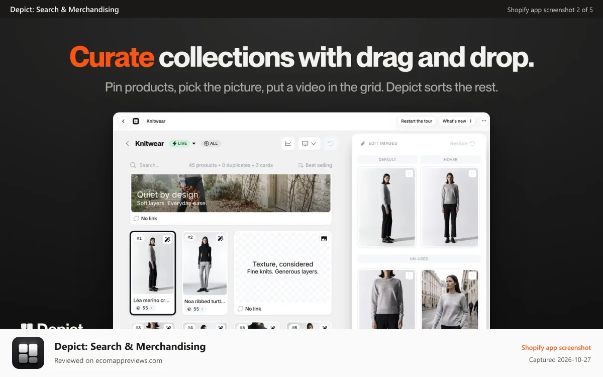 Depict: Search & Merchandising Shopify app screenshot: Curate collections with drag and drop.