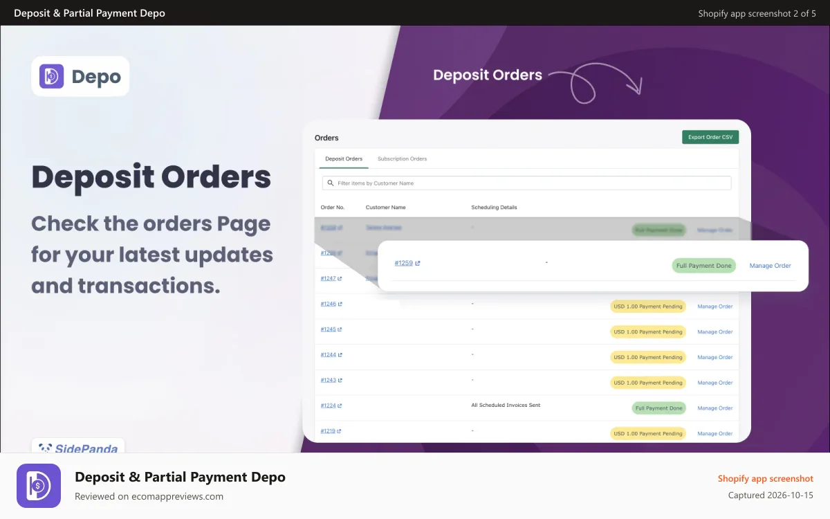 Deposit & Partial Payment Depo Shopify app screenshot: Order Page