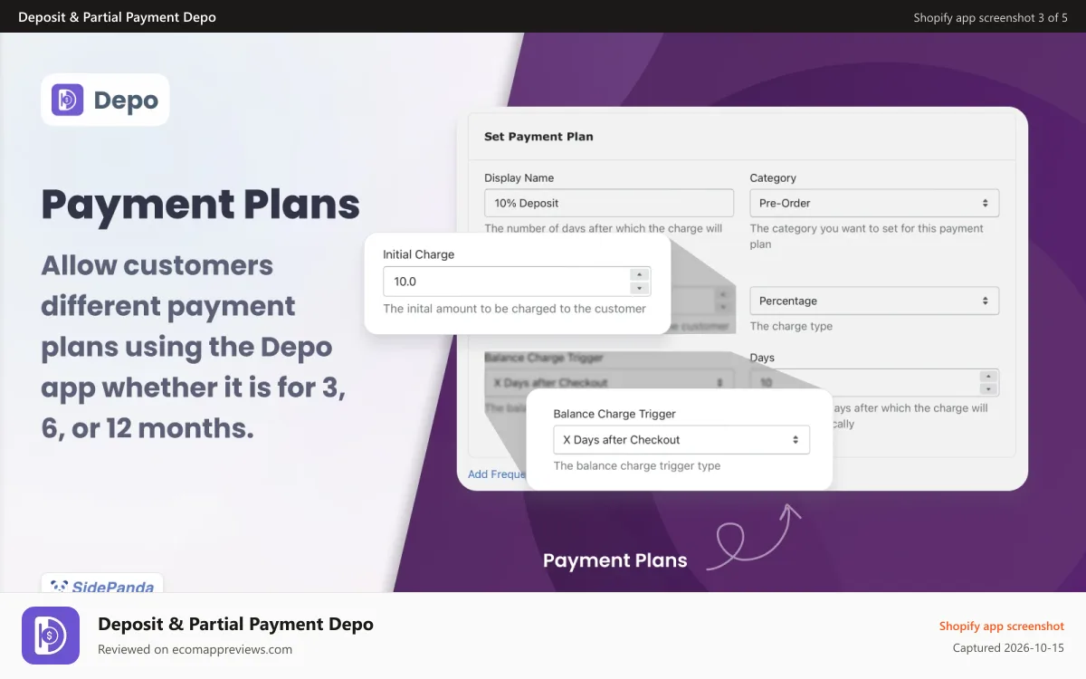 Deposit & Partial Payment Depo Shopify app screenshot: Payment Plans