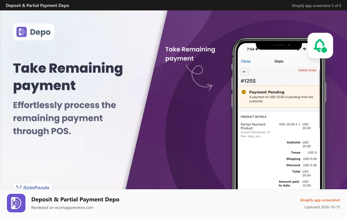Deposit & Partial Payment Depo Shopify app screenshot: POS Remaining Payment