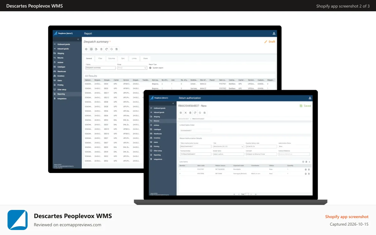Descartes Peoplevox WMS Shopify app screenshot: Map your shipping services and warehouse locations..