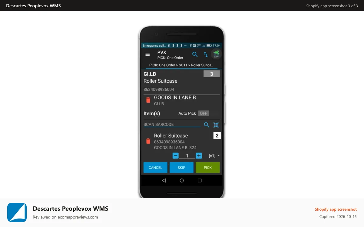 Descartes Peoplevox WMS Shopify app screenshot: Streamline your pick, pack, ship processes using a mobile app