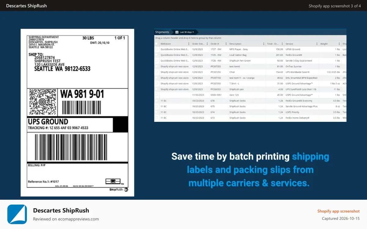 Descartes ShipRush Shopify app screenshot: Batch Printing