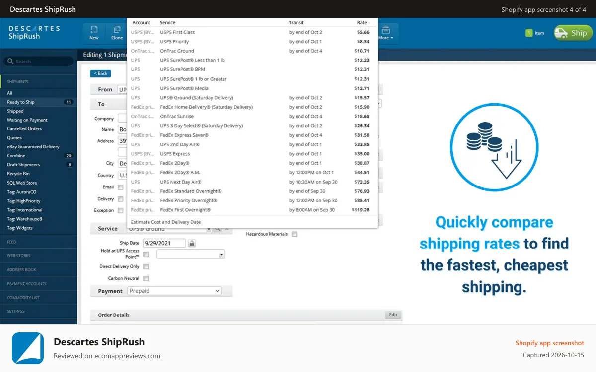 Descartes ShipRush Shopify app screenshot: Automation rules in ShipRush.