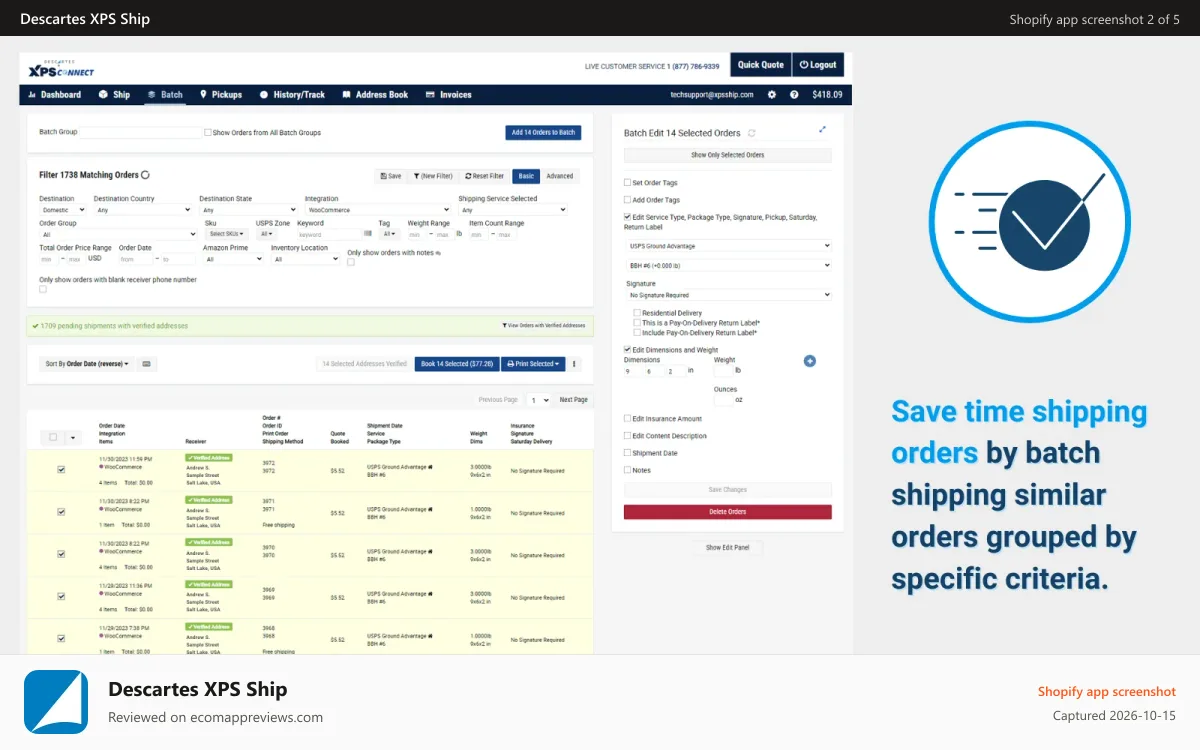 Descartes XPS Ship Shopify app screenshot: batch printing