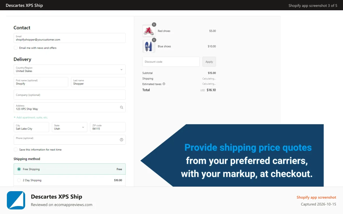 Descartes XPS Ship Shopify app screenshot: Integrated Quoting options
