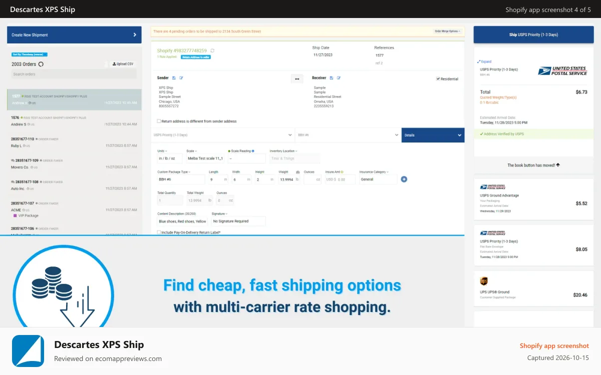 Descartes XPS Ship Shopify app screenshot: Rate Shopping