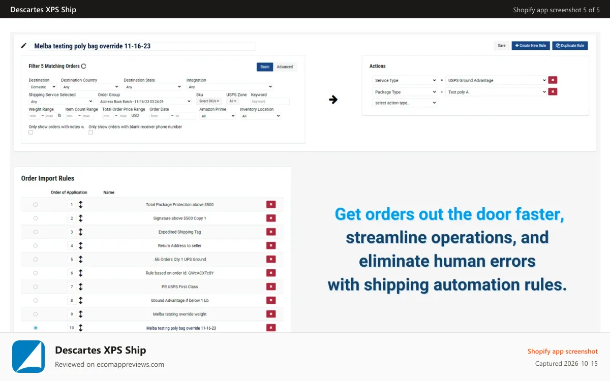 Descartes XPS Ship Shopify app screenshot: Shipping Automation Rules