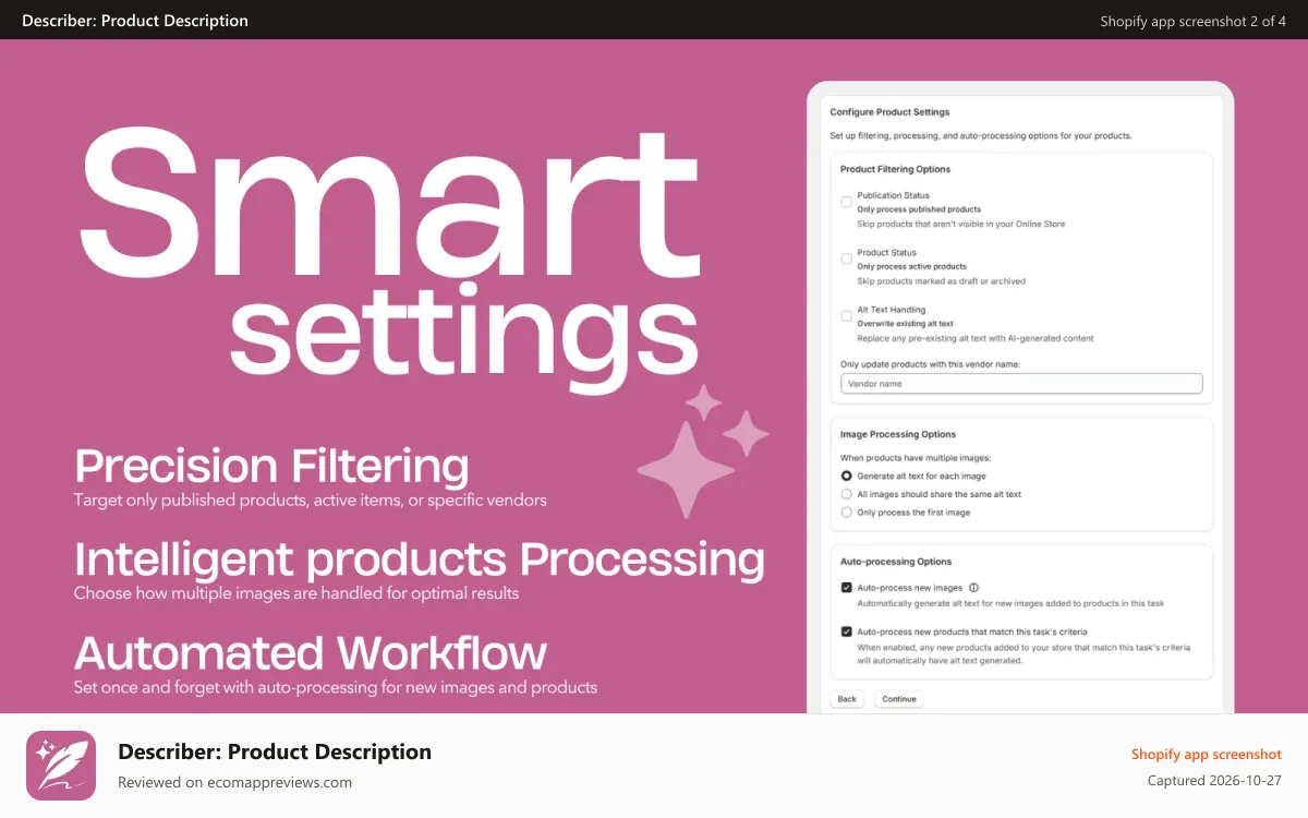 Describer: Product Description Shopify app screenshot: SEO GEO AI Products Describer Featured Smart Settings