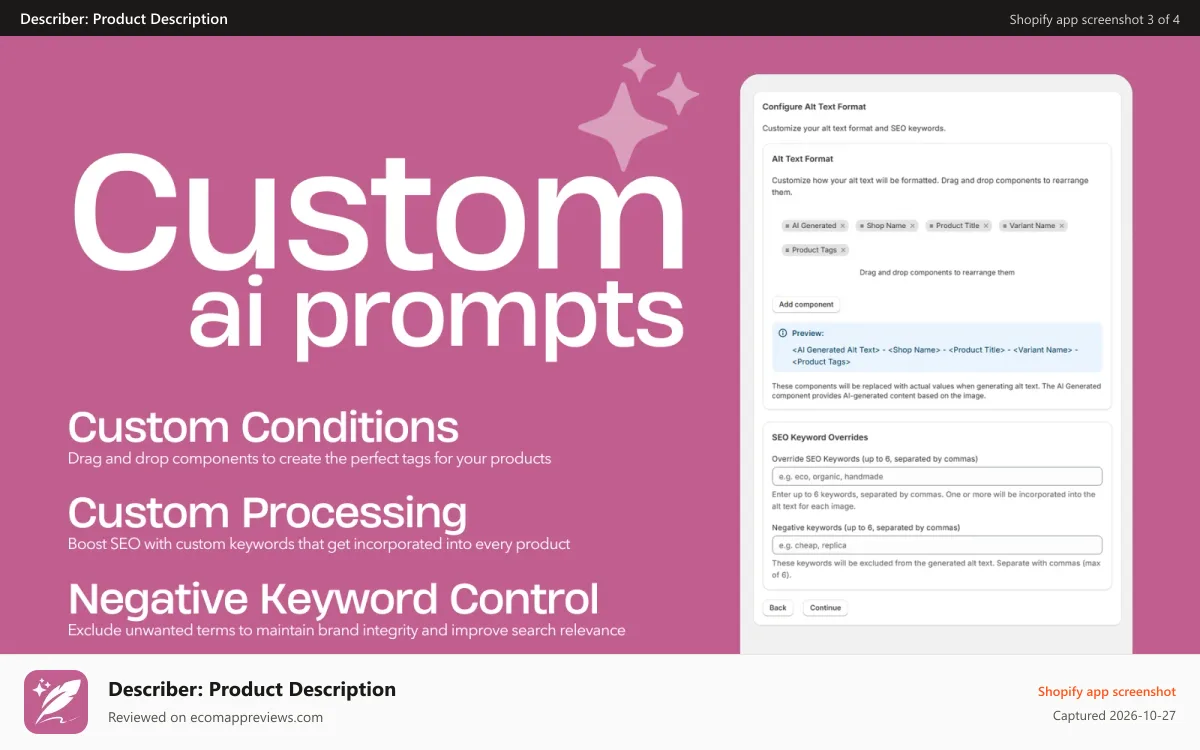 Describer: Product Description Shopify app screenshot: SEO GEO AI Products Describer Featured Custom AI Prompts
