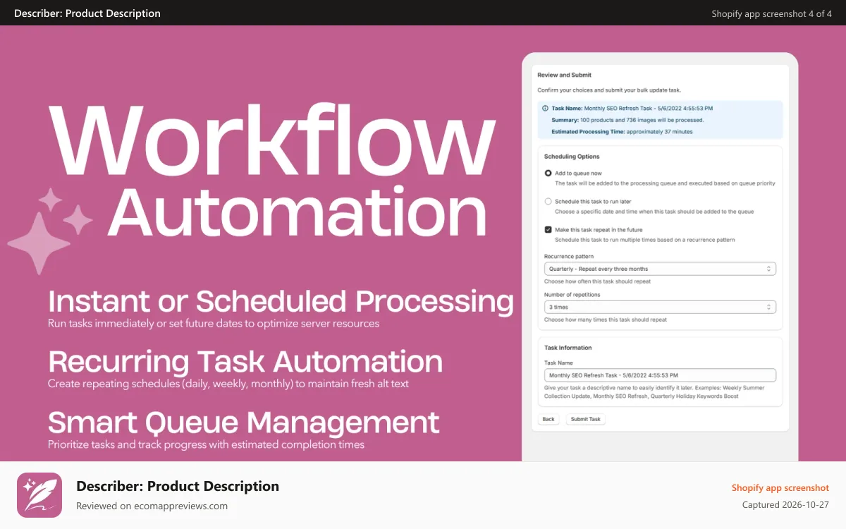 Describer: Product Description Shopify app screenshot: SEO GEO AI Products Describer Featured Workflow Automation